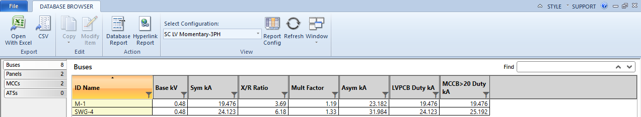 Se muestra el Navegador de base de datos con los resultados trifásicos momentáneos.