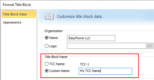 Se muestra el cuadro de diálogo Formatear bloque de título. En Nombre de bloque de título, se ha escrito un nombre personalizado en el cuadro Personalizar nombre.